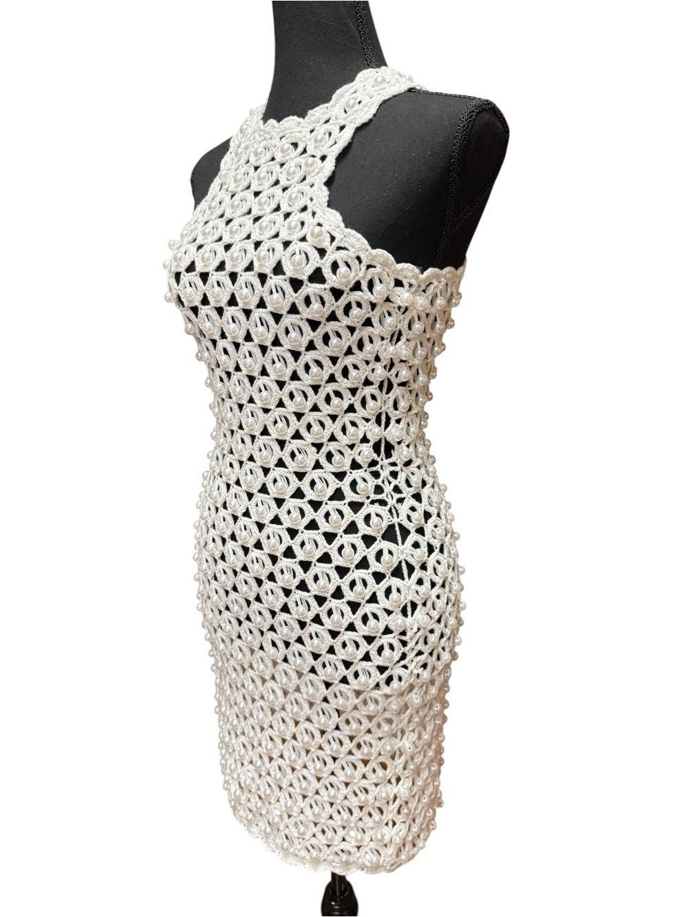 NovaLuxe Crochet Halter Faux Pearl Mini Dress Cover up White XS - Picture 7 of 11